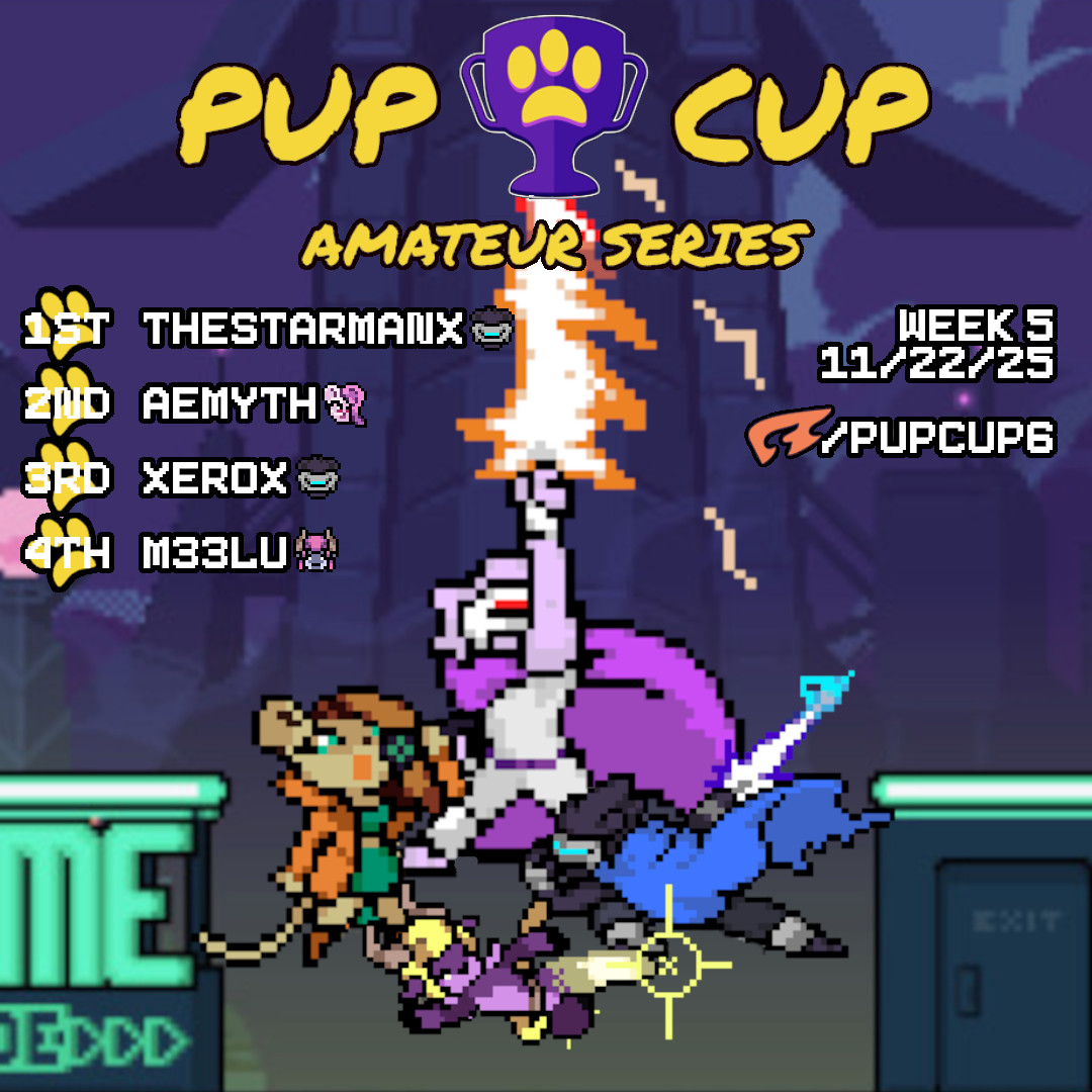 Here is your top 4 from Pup Cup 6 last night!

🏆 <a href="/Thestarmanx/">Thestarmanx</a> 
🥈 <a href="/Aemyth86/">Aemyth☆</a> 
🥉 Xer0x
🏅 m33lu

A special thanks to Aemyth for helping run bracket and putting together the results graphic!
#rivalsofaether