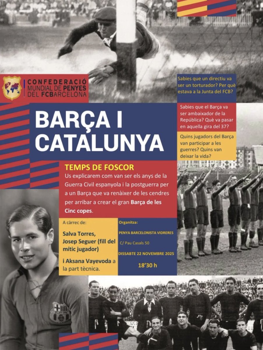 jordi_camps's tweet photo. 🔵🔴💙 Ahir vaig assistir a la xerrada al local de la Penya Blaugrana de #vidreres
📚 Aprenent més sobre la història del Barça .
✨Gràcies #PenyaBlaugrana
#Barça #Catalunya #HistòriaCuler #OrgullCuler https://t.co/AXq9OsLFiK