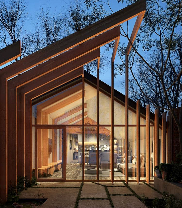 Critico que corten cartones en L y los sobrepongan al volumen, dando una falsa idea de que pensaron en una celosía, pero sólo ocultan, maquillan una caja con "prótesis".
Esto, en cambio, qué belleza, miren ese desarrollo formal del umbral.
Cross-Stitch House; FMD Architects.