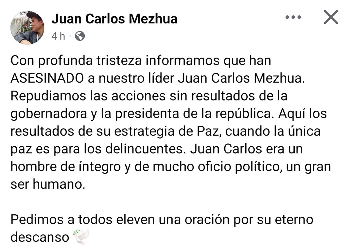 MLopezSanMartin's tweet image. Asesinan a tiros a Juan Carlos Mezhua, líder indígena y exalcalde de Zongolica

Lo atacaron a metros de un cuartel de la GN, previo a la visita de Sheinbaum a Veracruz 

Su familia repudió &quot;las acciones de la gobernadora y la presidenta&quot;