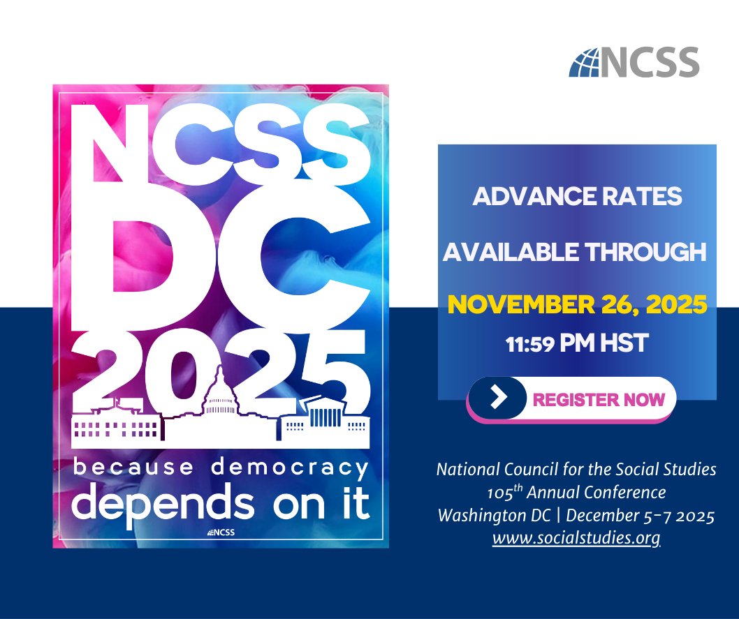⏳Reminder: This Wednesday, November 26, is the final day to take advantage of the advance registration rates available for the 105th NCSS Annual Conference! 

➡️ Learn more and register: hubs.li/Q03JCHRp0 #edchat #socialstudies