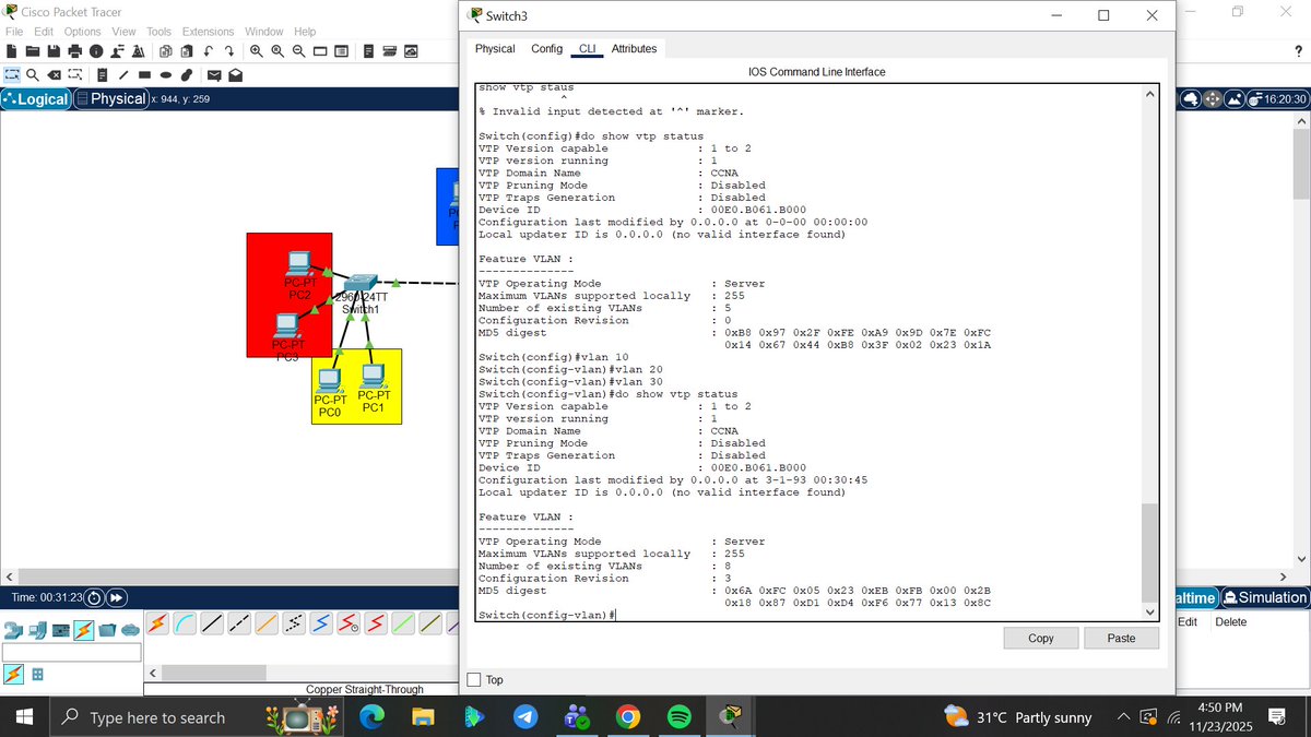 amyy_nwa's tweet image. Day17/100 #100DaysOfNetworking

Conducted a hands-on lab in Cisco Packet Tracer to deepen my  understanding of VLAN Trunking Protocol (VTP) and Dynamic Trunking Protocol (DTP). Explored VTP Server, Client, and Transparent modes,and also how transparent mode rests revision number.