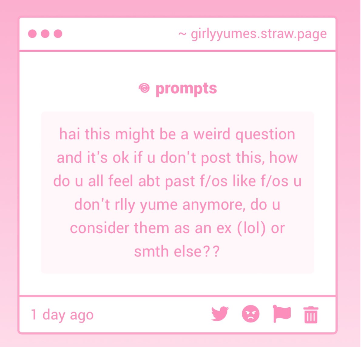 ꒰﹒🎀 question 

“how do you all feel abt past f/os like f/o’s you don't really yume anymore, do you consider them as an ex or something else?”