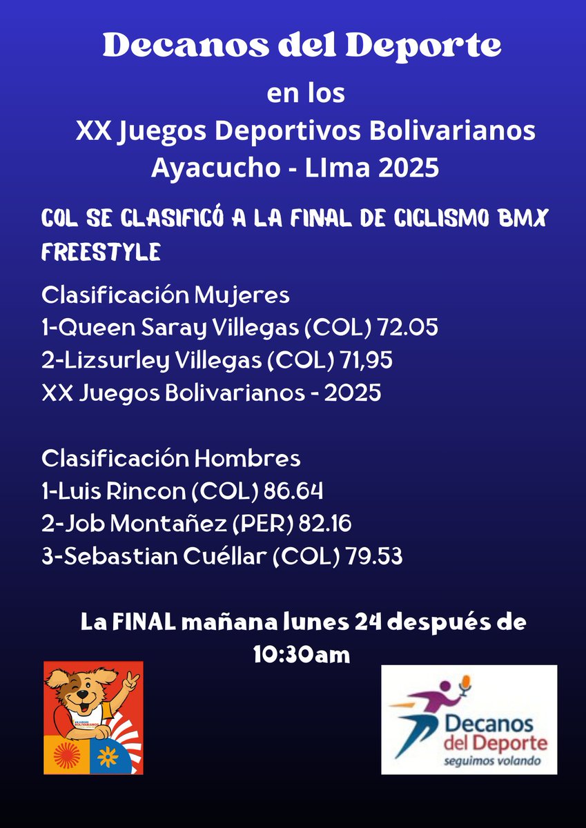 Decanos_Deporte's tweet image. Col se clasificó a la final de ciclismo BMX Freestyle

XX Juegos Bolivarianos Ayacucho - Lima 2025

#seguimosvolando