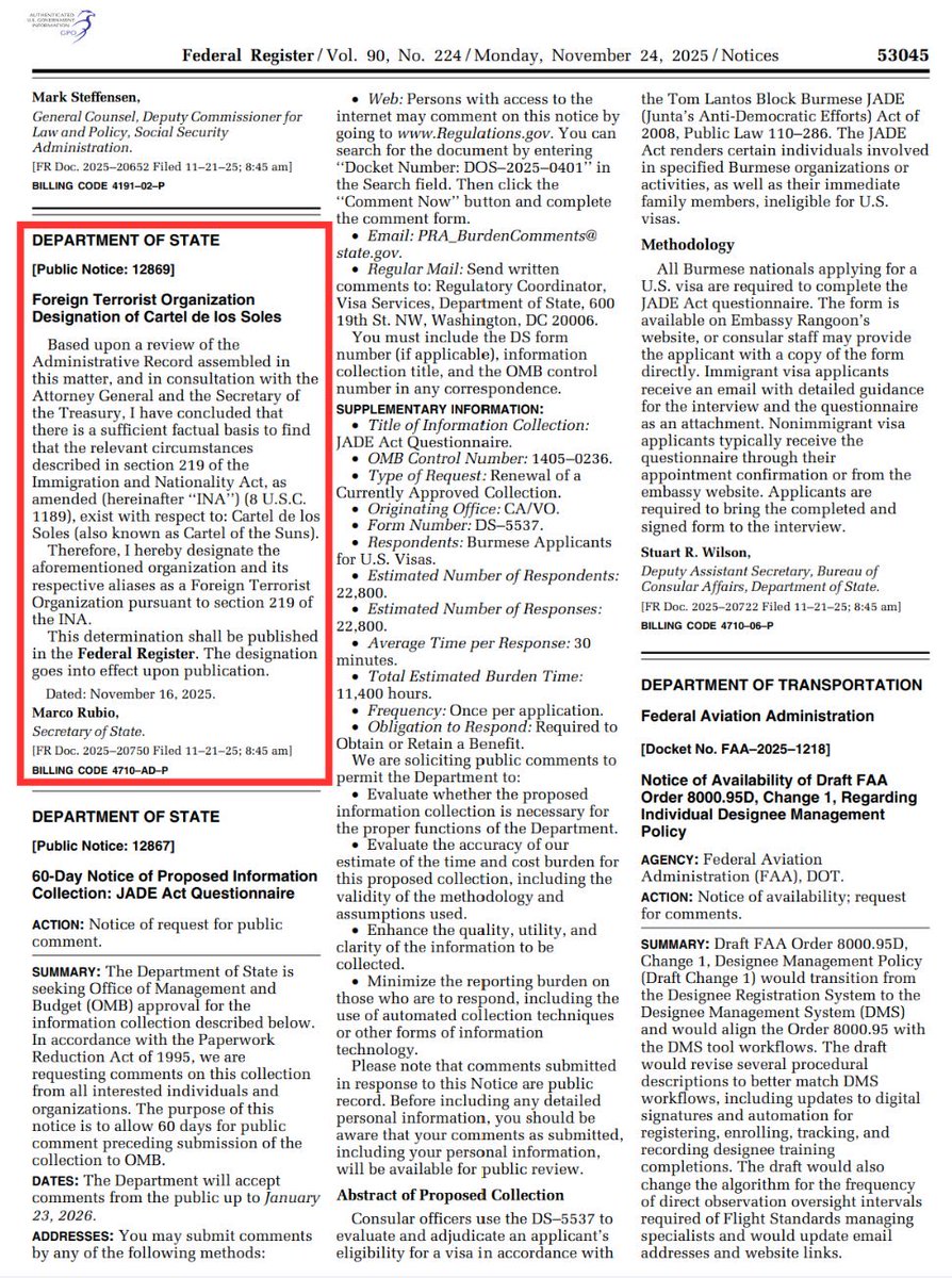 🚨 ¡ÚLTIMA HORA VENEZUELA! 🚨🇻🇪
 
URGENTE —  ¡LO ÚLTIMO! 🇻🇪 🇺🇸  —

El Cártel de los Soles, liderado por el Narcoterrorista Nicolás Maduro, se convierte oficialmente en una “ORGANIZACIÓN TERRORISTA EXTRANJERA”.

Ya está publicado en el Registro Federal de Estados Unidos.