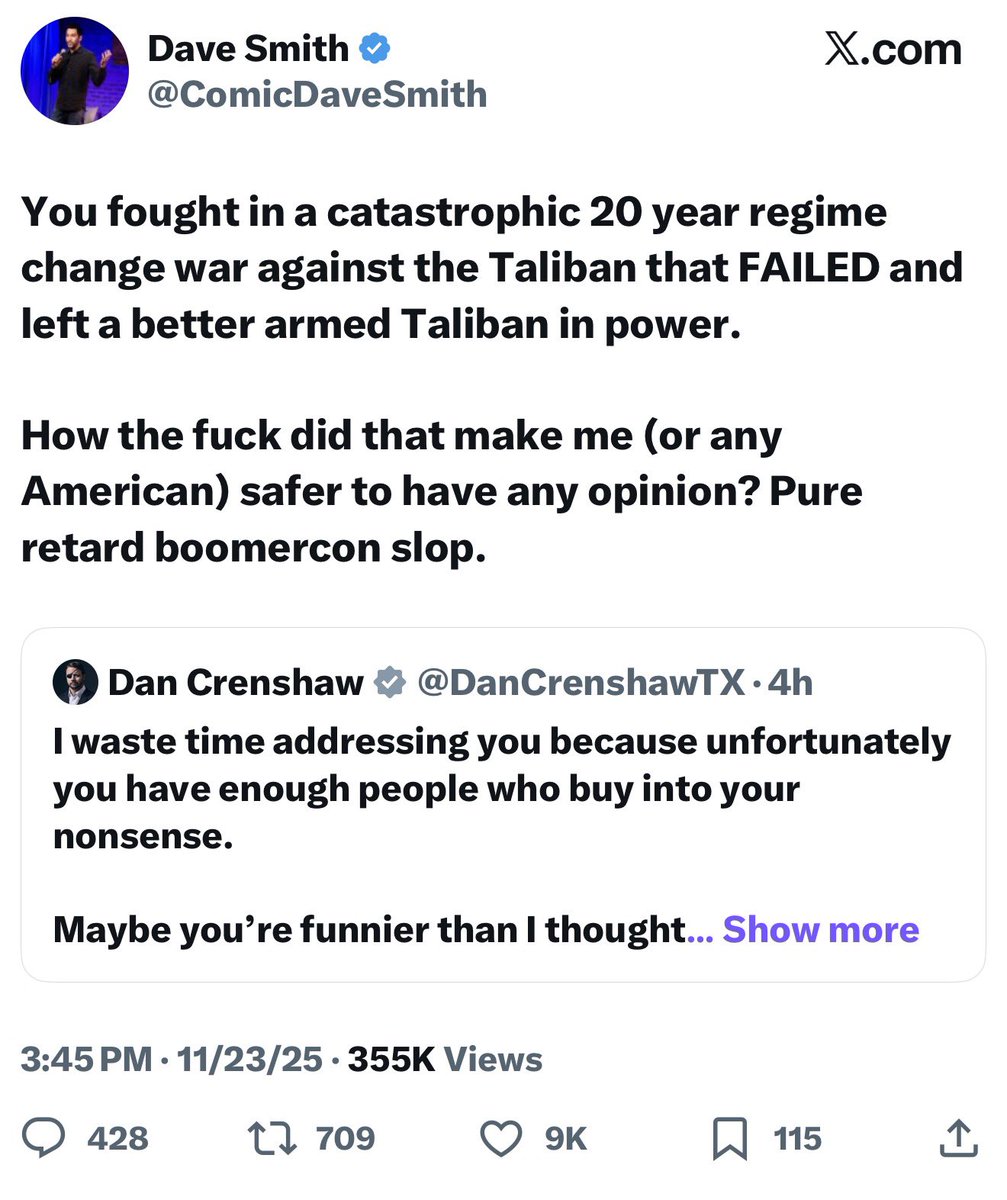 Exactly. And for Dave Smith, I’ll give you a simple answer about “what we got” for my sacrifice and the ultimate sacrifice my friends paid: NO MORE 9/11’s. That’s what we got. 

Thank you Dave Smith for revealing what a truly reprehensible person you actually are. I thought it…