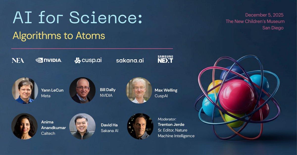 在#NeurIPS2025期間,我將與Yann LeCun、Anima Anandkumar、Bill Dally和Max Welling共同組織一場名為「人工智慧在科學中的應用:從演算法到原子」的社交活動。
如果您想討論人工智慧科學家、