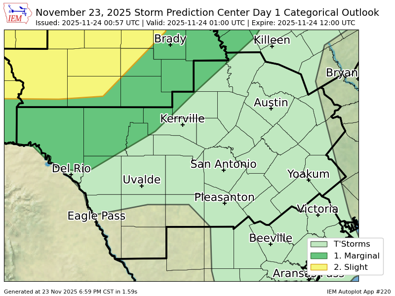 EWXBot's tweet image. #SPC issues Day 1 Marginal Convective Risk at Nov 24, 0:57z for EWX spc.noaa.gov/products/outlo…