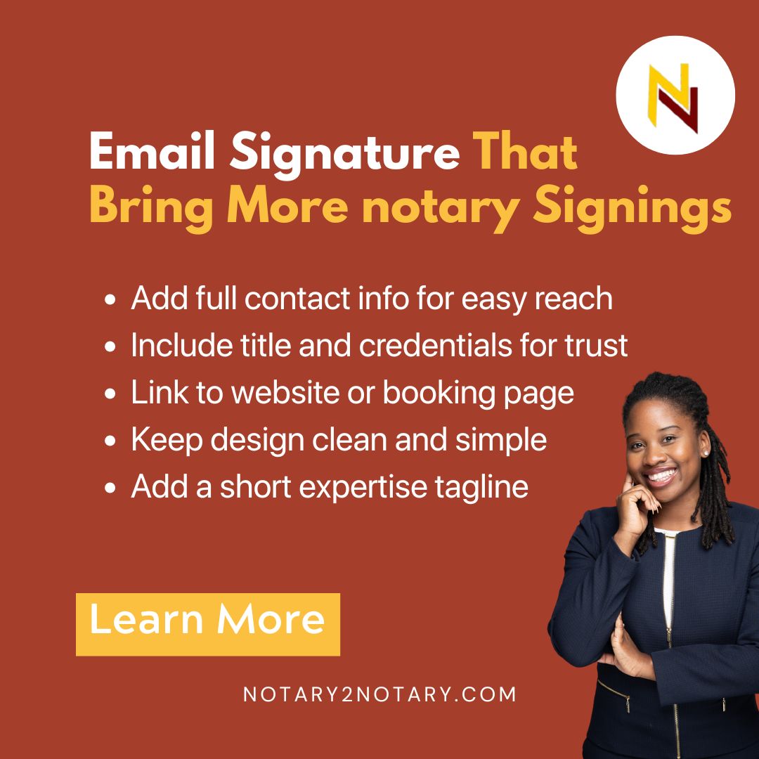 Notary2Notary's tweet image. Your email signature is more than contact info—it’s a mini business card that can land clients. ✉️ Make every email count!

Want more tips like this? Visit notary2notary.com