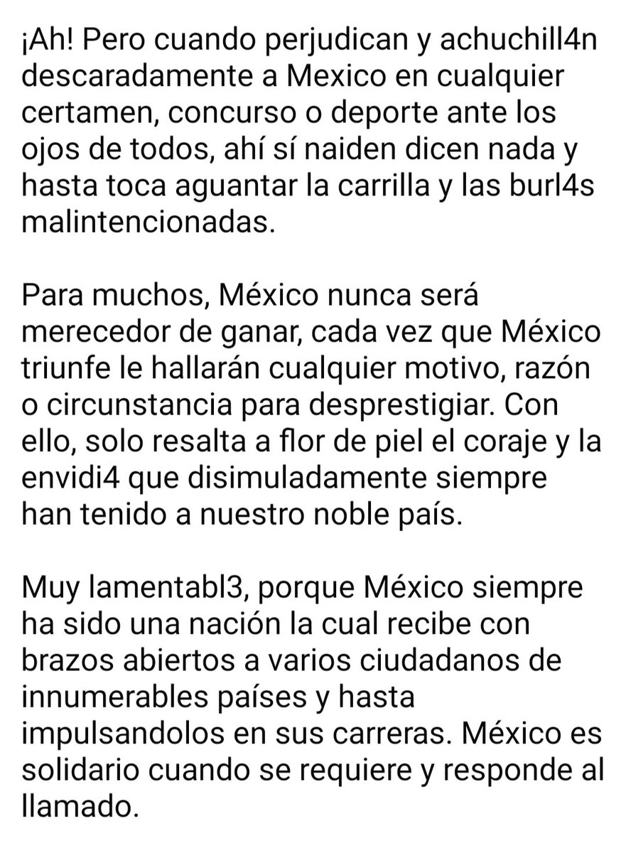 Alanservin's tweet photo. Tenemos una LATAM muy ardida! No les gusta cuando México destaca pero andan mame y mame con que quieren salirse de sus países limitados 🤦🏻‍♂️ y venirse a México o usarlo de "tránsito" para llegar a EU y como no pueden se quedan aquí, ¿para eso México si es bueno? #MissUniverso https://t.co/JYMkGrJlAG