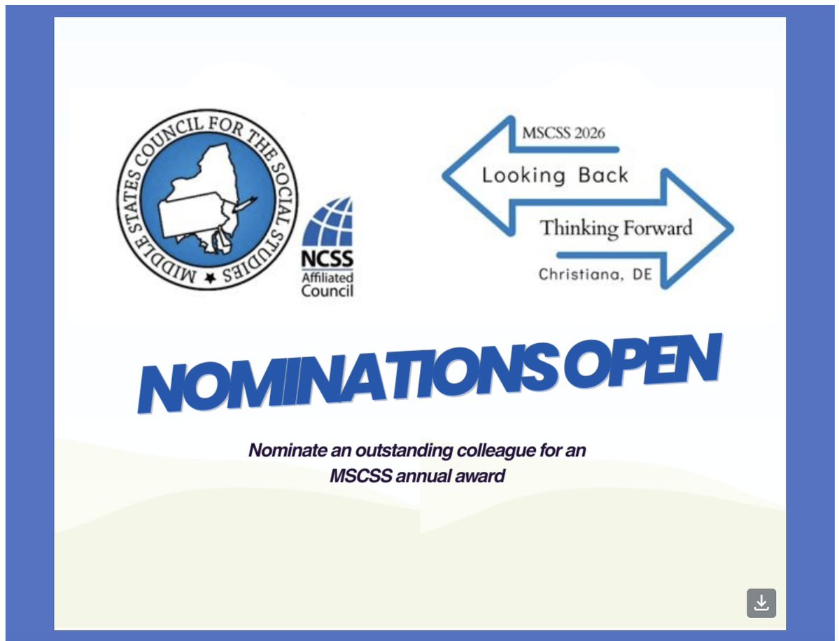 NOMINATIONS ARE OPEN! For deserving educators across the Middle States region. Nominate docs.google.com/forms/d/e/1FAI… Here. <a href="/NYSCSS/">NYSCSS</a> <a href="/NJCSSNetwork/">NJ Social Studies</a> <a href="/historyherway/">CherylAnne Amendola 🍎</a> <a href="/DEDeptofEd/">DE Dept of Education</a> <a href="/MdPublicSchools/">Maryland State Department of Education</a> <a href="/MDCSStalk/">MDCSStalk</a> <a href="/dcpublicschools/">DC Public Schools</a> <a href="/NCSSNetwork/">National Council for the Social Studies (NCSS)</a> <a href="/scotteabbott/">Scott Abbott (scotteabbott.bsky.social)</a>