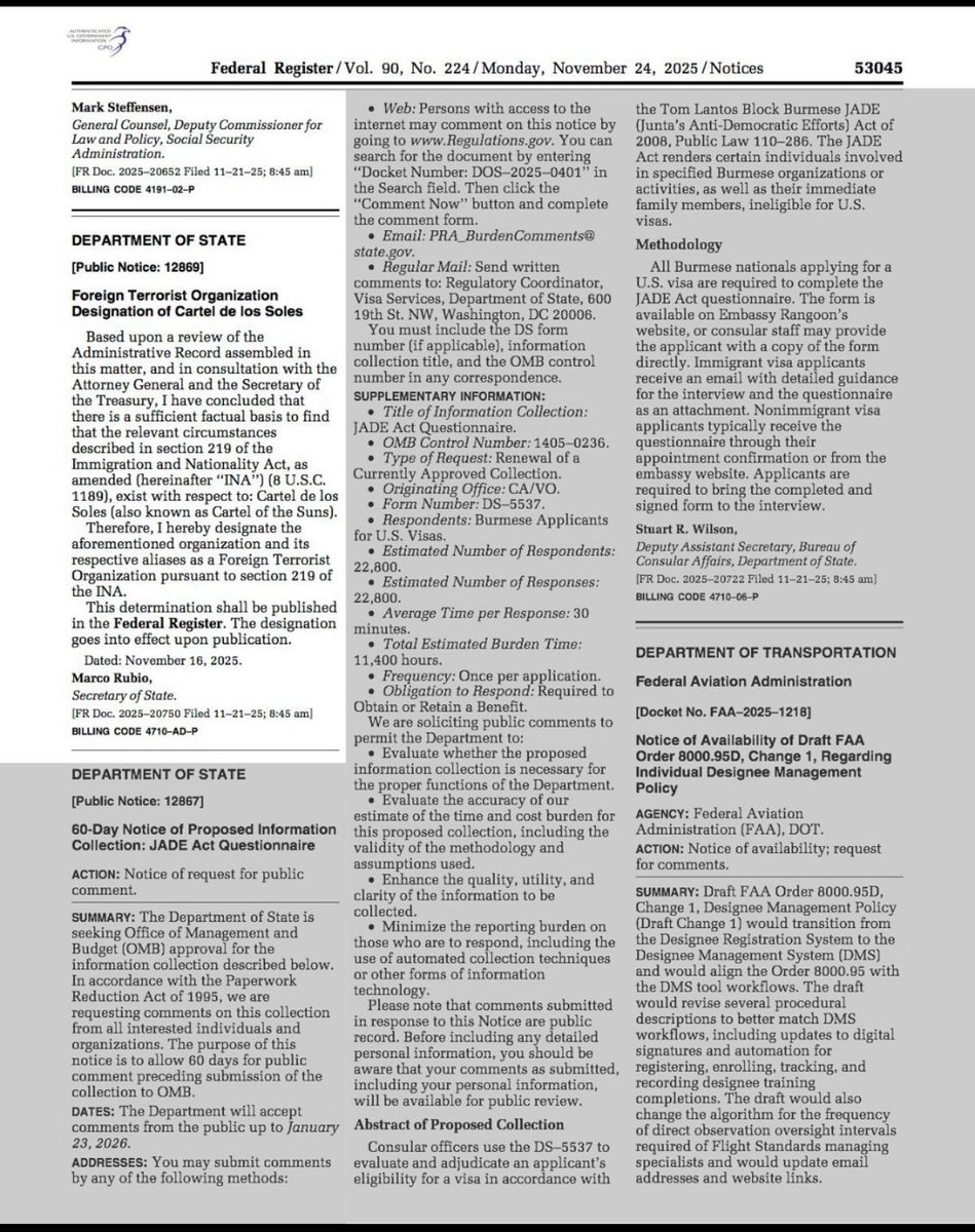🚨🚨¡Atención: A partir de ahora, Donald Trump tiene licencia para matar a Nicolás Maduro.

Confirmado: El Cartel de los Soles entra en la lista de organizaciones terroristas internacionales en el Registro Federal de los EE.UU.