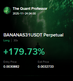quant_professor's tweet image. My first trades of new week.
$BOB 128% $BANANAS31 179%

I use SETUPS AI smart scanner that shows possible trading setups, @setupsai_app , join and gain free premium trader membership, it is available for limited time

Hot: $WLFI $PIPPIN $BCH $ALICE $TRADOOR $BANANAS31 $DOT $SUPS
