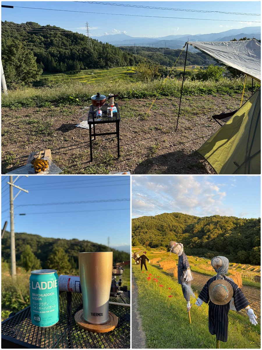 daihobby's tweet image. ワインばかりで日本酒は❓と思われる方、飲んでますよ。

秋半ばにはやりたかった #稲倉の棚田 でソロキャンした🏕️絶景下に昼はブルックラディハイボールでスカッと。

いつも稲刈り以降、棚田に来ることはなかったけど、近隣の小学校でカカシを作ってくれてたんだね！各班で形も違って素敵。
