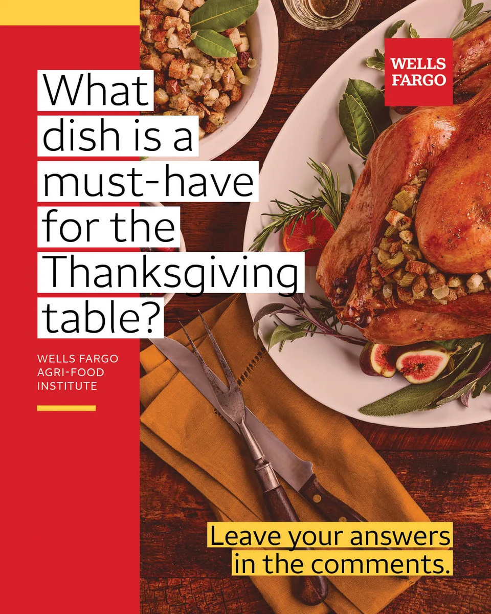 Photo of Thanksgiving dinner with text “What dish is a must-have for the Thanksgiving table?” 