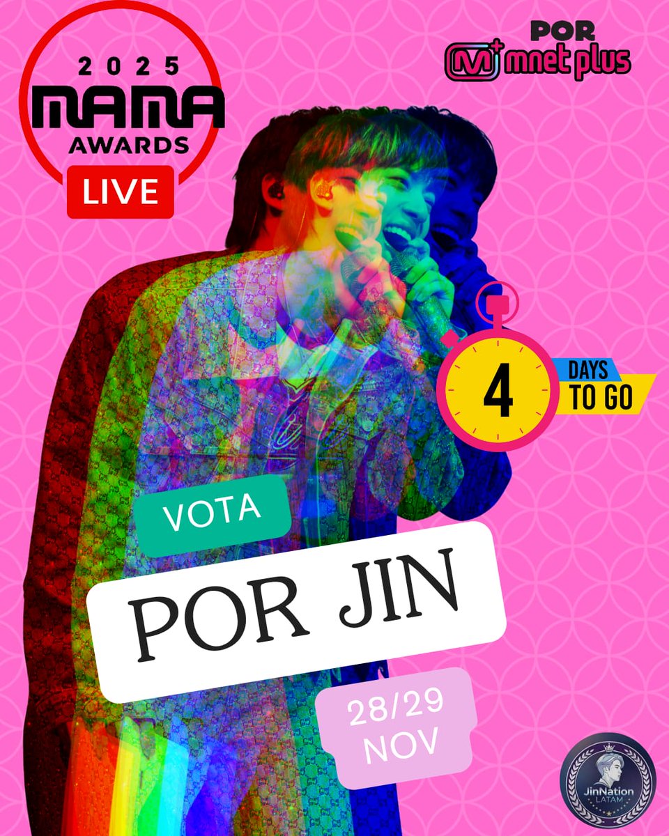 Jin_Galaxy_'s tweet image. 🏆MAMA 2025 - Faltam 4 dias!

Apenas 4 dias para o MAMA Awards 2025!

Prepare-se para votar ao vivo no MNET PLUS no dia 28 de novembro, quando o cronograma de votação será anunciado.

⏰ Precisamos estar prontos! Vamos dar o Daesang para o Jin! 💪

(+) 

#Jin #JinForMAMA