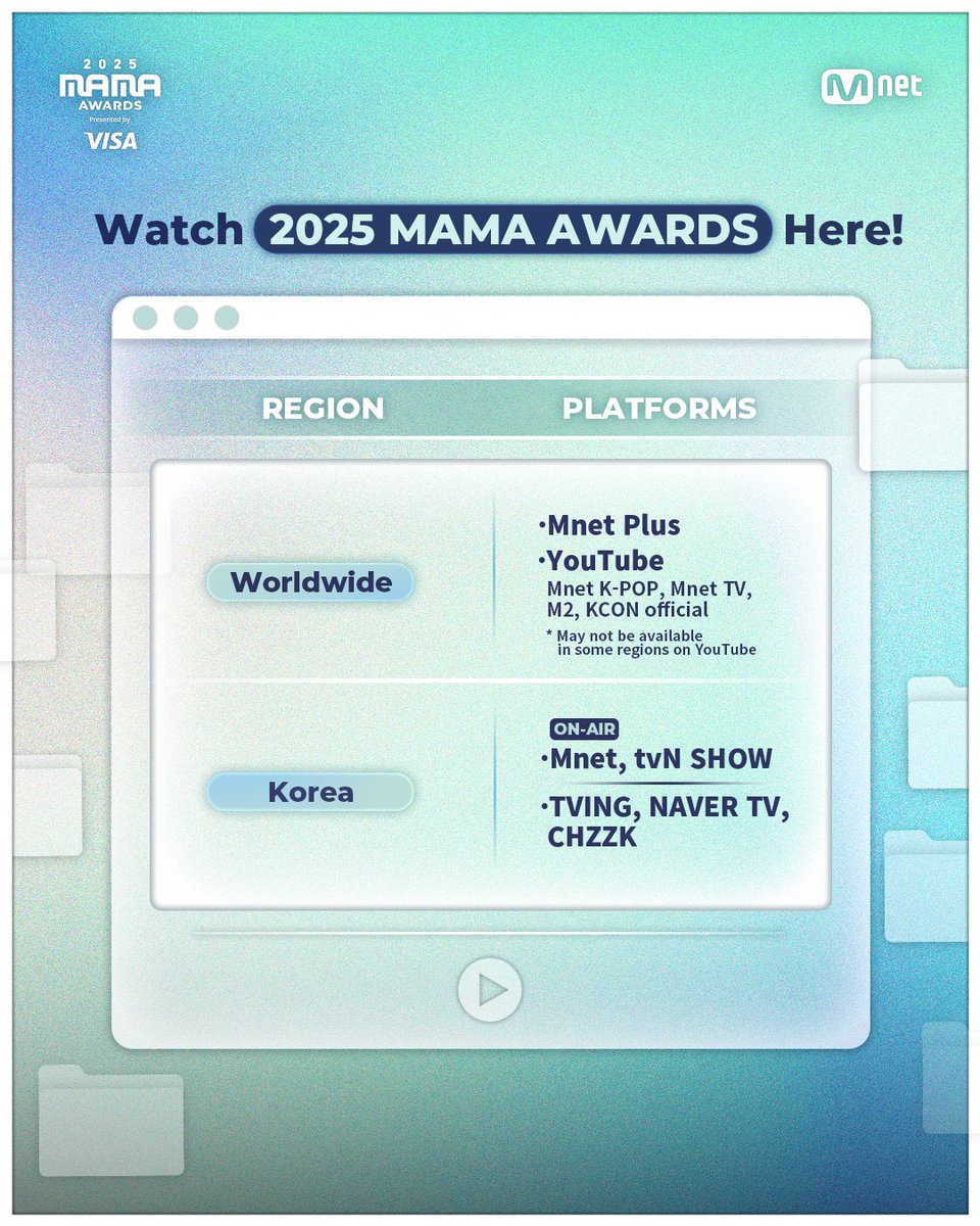 zhaoyufancokr's tweet image. CORTIS — 2025 MAMA Awards 

Chapter 2
Red Carpet: 17:30 (KST)
Awards Show: 19:30 (KST)

Platforms
• Mnet Plus
• YouTube 
🔗: youtube.com/@mnet
🔗: youtube.com/@playmnet
🔗: youtube.com/@mnetm2
🔗: youtube.com/@kcon 
(may not be available in some regions on…