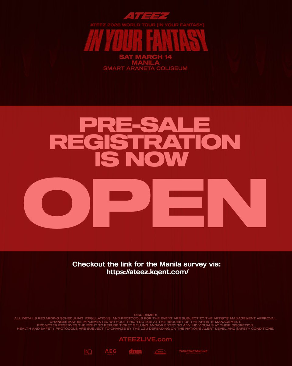 dnmentph's tweet photo. It’s finally here — MEMBERSHIP PRE-SALE REGISTRATION IS NOW OPEN! You have 4 days to fill up the registration survey ATINY. The fantasy is now yours to claim!  

MEMBERSHIP PRE-SALE REGISTRATION
⏰ 11.24.2025 - 10:00 AM — 11.27.2025 - 10:00 AM

MEMBERSHIP PRE-SALE
⏰ 12.12.2025 - 12:00 PM — 12.13.2025 - 11:59 AM

GENERAL TICKET SELLING
⏰ 12.14.2025 | 12:00 PM

Here's the link for MEMBERSHIP PRE-SALE REGISTRATION 👇🏼
🔗: https://t.co/IAjuZhNrMP

D-DAY:
📆 03.14.2026
🕖 7:00 PM
📍 Smart Araneta Coliseum
🎫 TicketNet

#ATEEZ #WORLD_TOUR #In_Your_Fantasy #에이티즈 #InYourFantasy_MNL