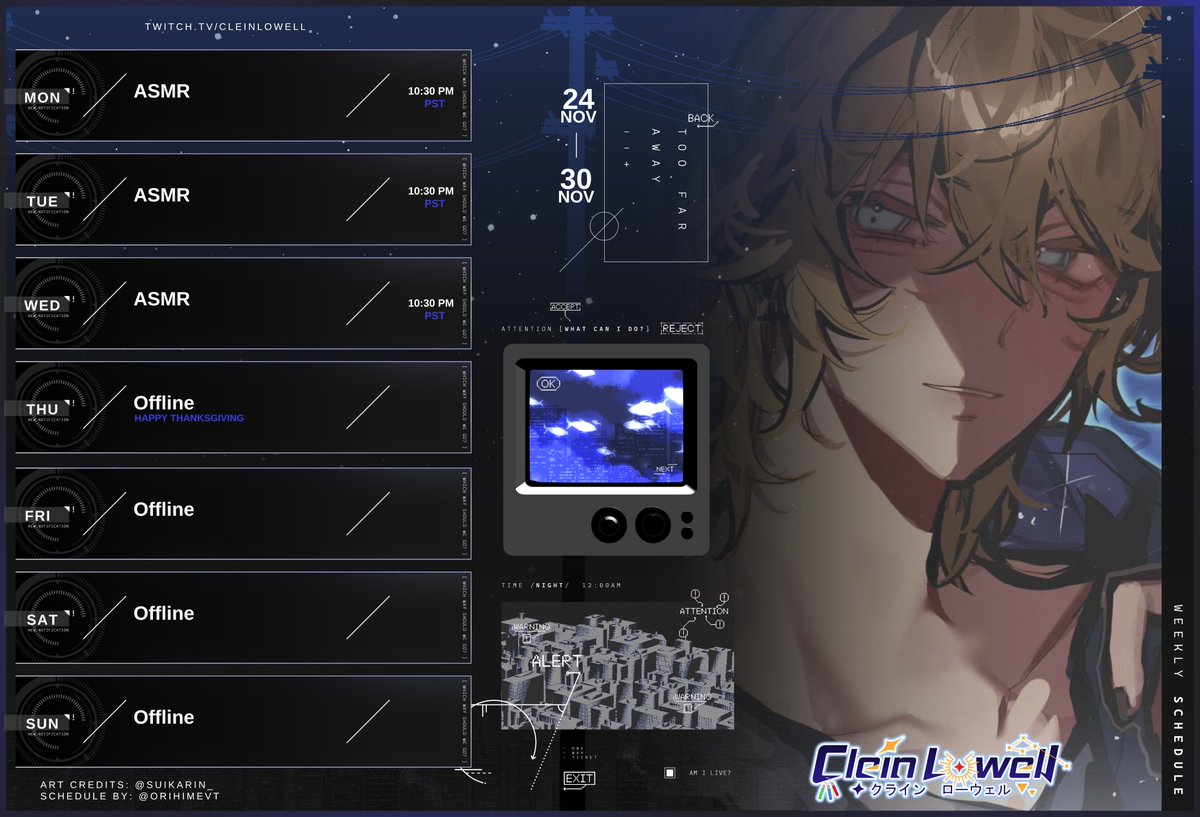 Stream schedule of the week (Nov. 24-30)

✧Mon/Tues/Wed: ASMR

ASMR to start your week off before the holiday! 
Come spend some time with me this week! 🫰