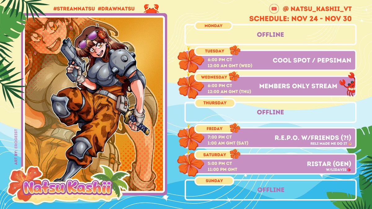 Four streams this week! Wrapping up "Food Week" with dranksss on Tues (cheers, beaches~ 🍹), Members Only Fightcade on Wed, R.E.P.O. (wtf??) on Thurs, and Ristar on Fri! 🏝️

🌺 Live2D debut is NEXT MONTH! Sub below to be notified!

Art: <a href="/Erogeist/">Erogeist 🔞🇺🇸(no comms)</a> 

#Vtuber #Vtubers #REPO