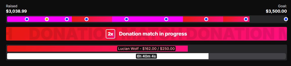 CassMutt's tweet image. WE HAVE SURPASSED OUR 3k GOAL AND ARE MOVING TO OUR /FINAL/ GOAL OF 3.5k

Lucian&apos;s match is ending soon, but our stream is ending sooner if y&apos;all don&apos;t keep the momentum going!

Check the OG post above to donate now!!!!