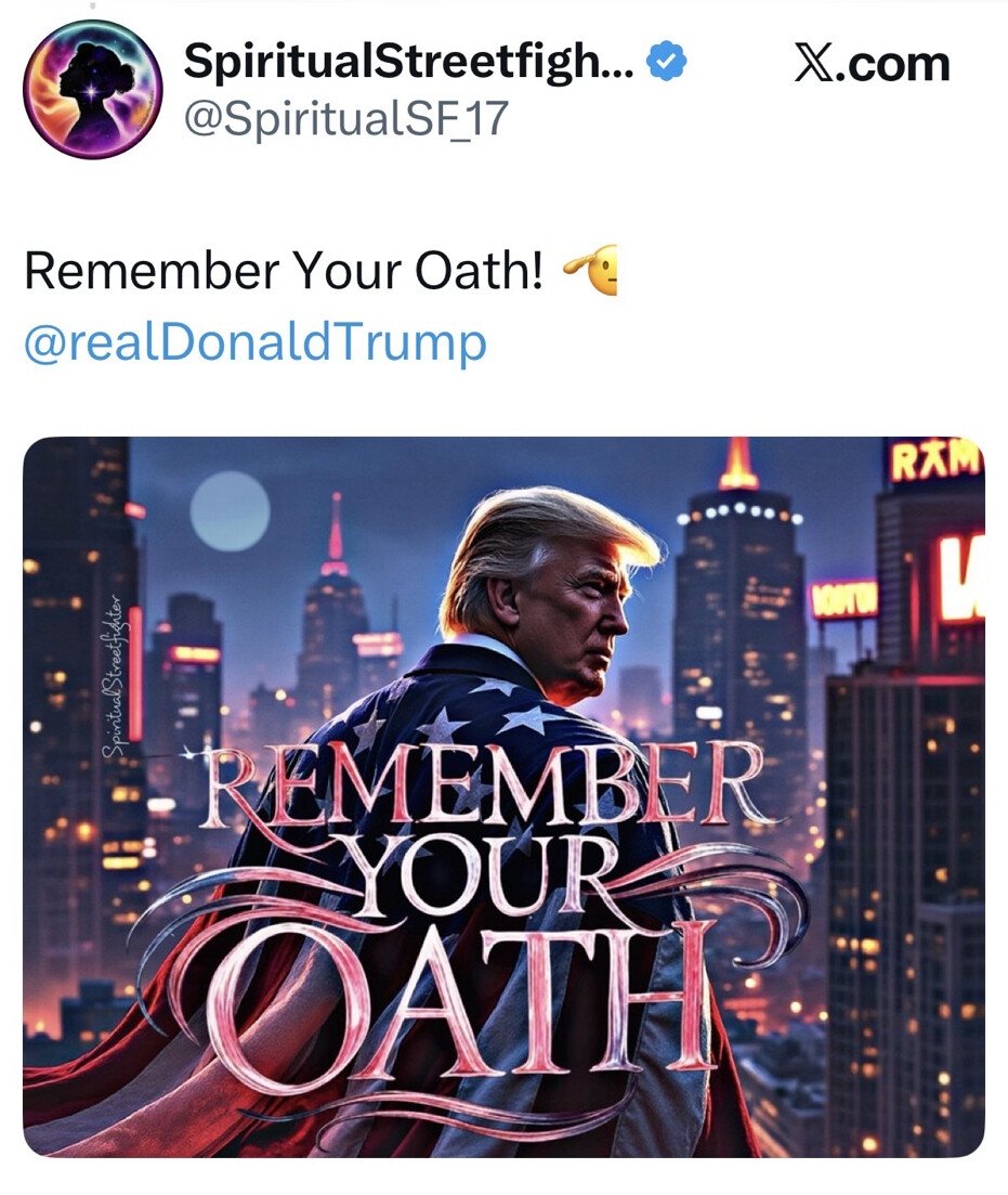 ShadowofEzra's tweet image. President Trump has flooded his Truth Social timeline with a series of Q-themed images, sending an encrypted message that the moment to act has arrived.

1. One image urges supporters to “Remember your Oath.”

2. Another shows Trump himself with the words “Tick Tock,” hinting…