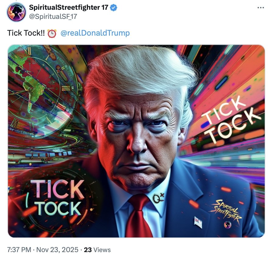 ShadowofEzra's tweet image. President Trump has flooded his Truth Social timeline with a series of Q-themed images, sending an encrypted message that the moment to act has arrived.

1. One image urges supporters to “Remember your Oath.”

2. Another shows Trump himself with the words “Tick Tock,” hinting…
