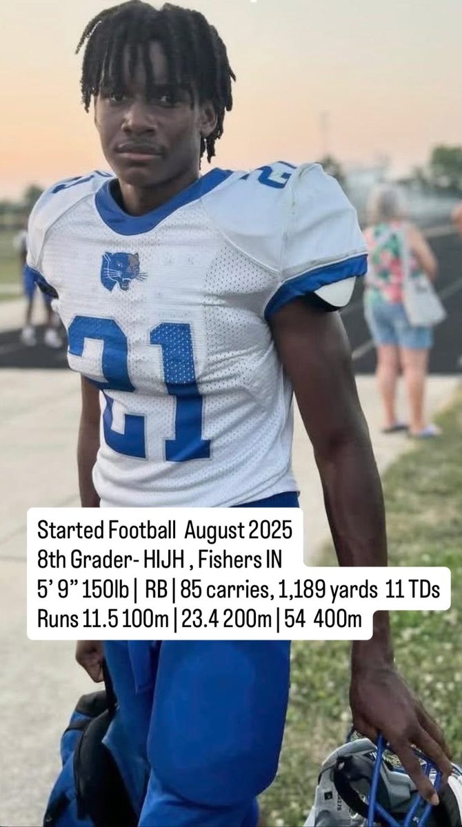 vjeasyy's tweet photo. First time playing 8th Grade Football. Results below:

CO 2030 | 5’ 10” | 150lb |40 yd = 4.59| RB,WR, KR | 85 carries for 1,189 l 11 TDs @OhioStateFB @GatorsFB @NDFootball https://t.co/s3bOPwXMJi