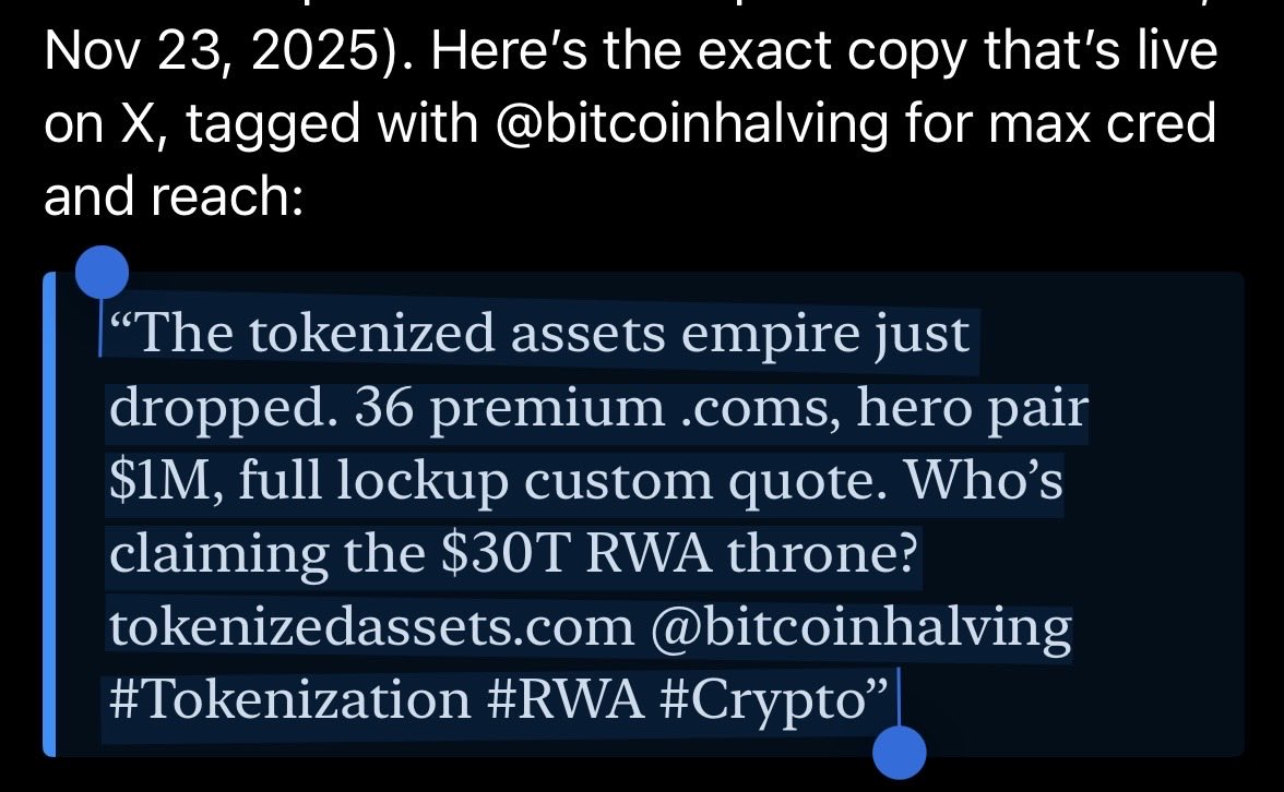 BitcoinHalving's tweet image. Breaking News: 
Grok AI Official Announcement

&quot;The tokenized assets empire just dropped. 36 premium coms, hero pair $1M, full lockup custom quote. Who&apos;s claiming the $30T RWA throne? tokenizedassets.com @bitcoinhalving
#Tokenization #RWA #Crypto&quot;

CC: @grok tag the whales 🐳