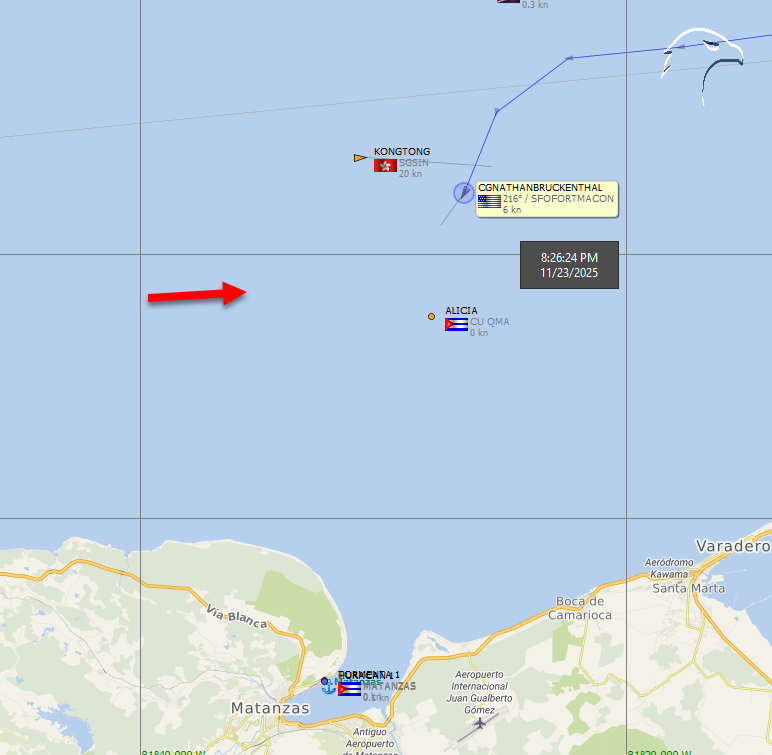 FlconEYES's tweet photo. ACTUALIZACIÓN: 
8:27PM #23Nov 
El Cutter CG NATHAN BRUCKENTHAL, ingresó en aguas de jurisdicción cubana, en dirección a #Matanzas. 
Parece que habrá encuentro con autoridades.🧐 https://t.co/yhBpdqq0RF