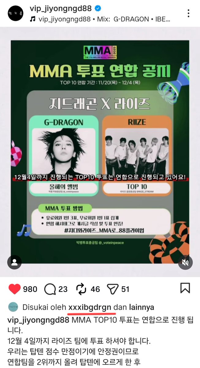 riizepage_idn's tweet image. G-Dragon showed his support by liking two Instagram posts that highlighted the joint voting collaboration between VIP x BRIIZE for the MMA.
This interaction indicates his acknowledgment of the solidarity and coordinated efforts between the two fandoms throughout the voting…