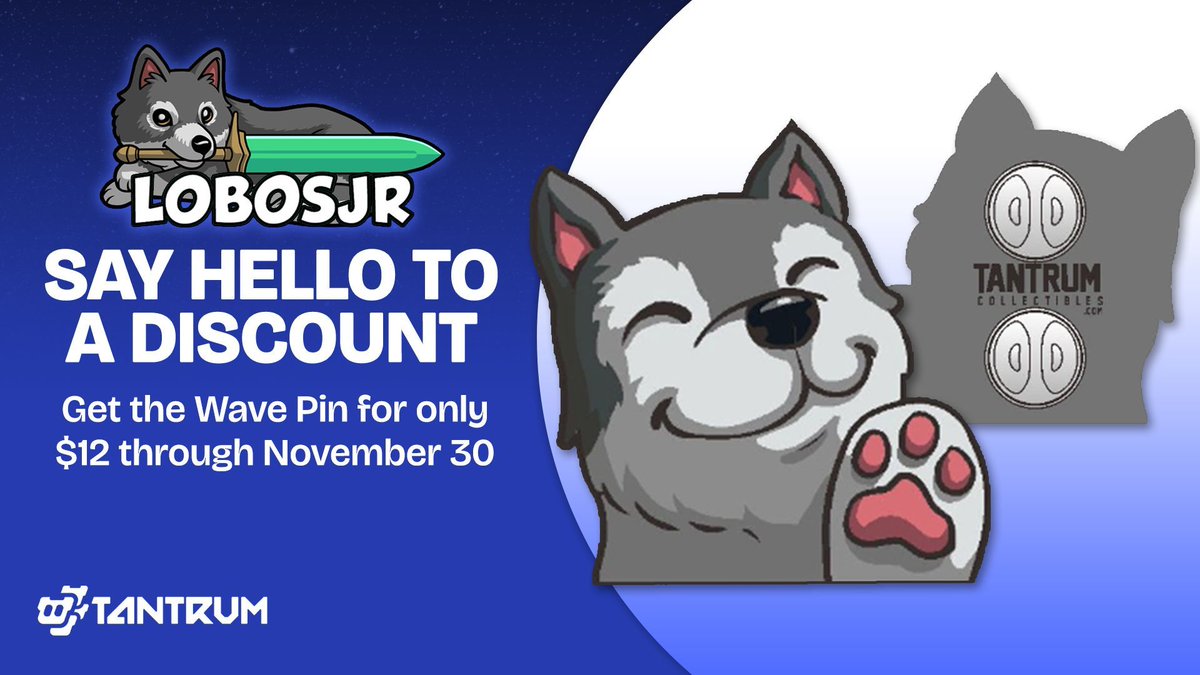🐺 You'll howl when you see that the <a href="/Lobosjrgaming/">Lobosjr</a> Wave Pin is now only $12. Exclusively through November 30 at ➡️ tantrummerch.com/lobosjr/