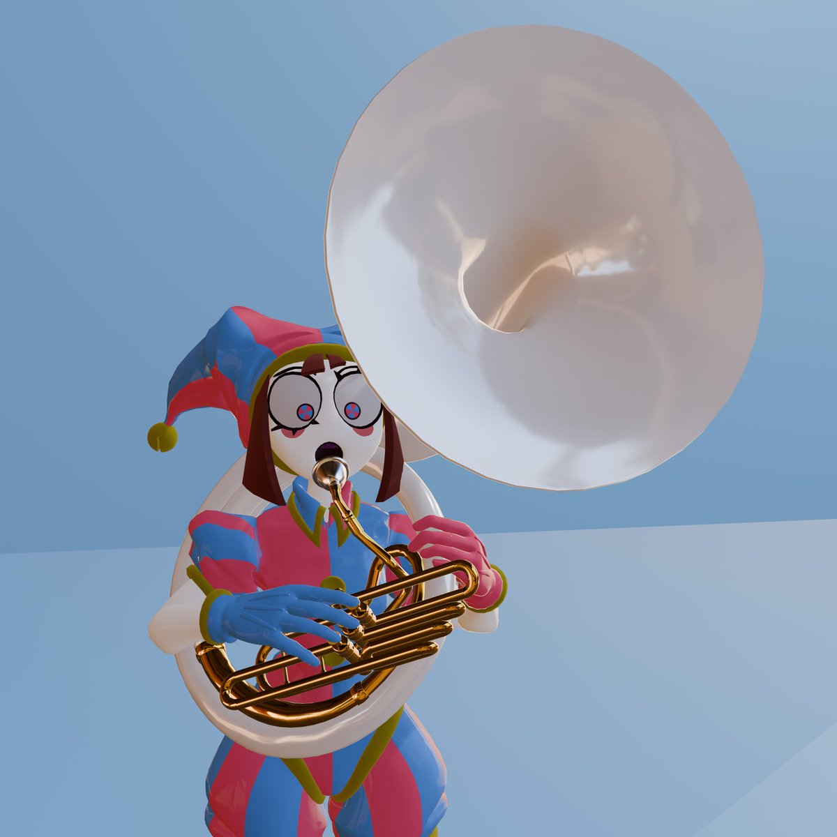 tgirltuba's tweet photo. pomni blowing her tuba as loudly as she can https://t.co/6CYN93OIe5