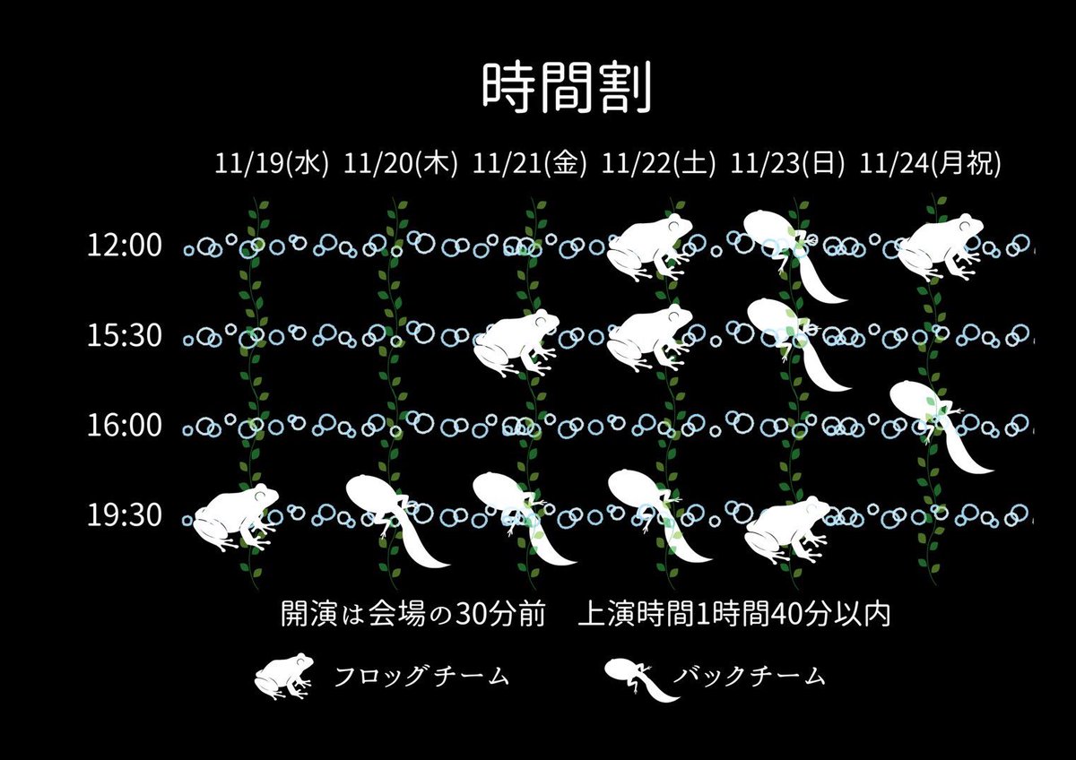 #プラフォカエル
本日がいよいよ千穐楽です！
12時のフロッグチーム、16時のバックチーム、なんとどちらもまだお席がございます。
即興だからこそどうなるかわからない！
セカイくんは救われるのか！？
鯉沼先生は許されるのか！？
是非劇場でご覧ください！