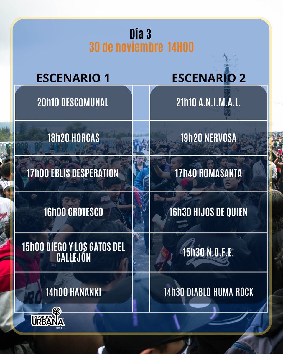 🎸🔥 ¡YA ESTÁN AQUÍ LOS HORARIOS OFICIALES DEL #Quitofest2025! 🔥🎸
Prepárate para vivir 3 días de pura música, energía y cultura 💥✨
📅 Marca tu calendario, arma tu crew y no te pierdas ni un solo show 🤘
Porque este año el festival viene con todo y tú tienes que estar ahí 🖤