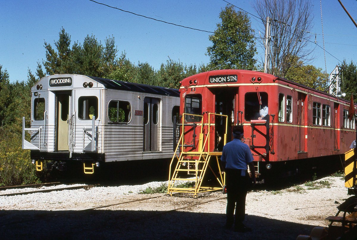 Two pairs of old Toronto subway trains were outside at our museum in this photo by Bill Carr - circa 2000.

The silver M-1s were built in 1962 and the red G-1s are from 1953. 

We are closed for November but will re-open for "Christmas on the Rails" - First two weekends in Dec.