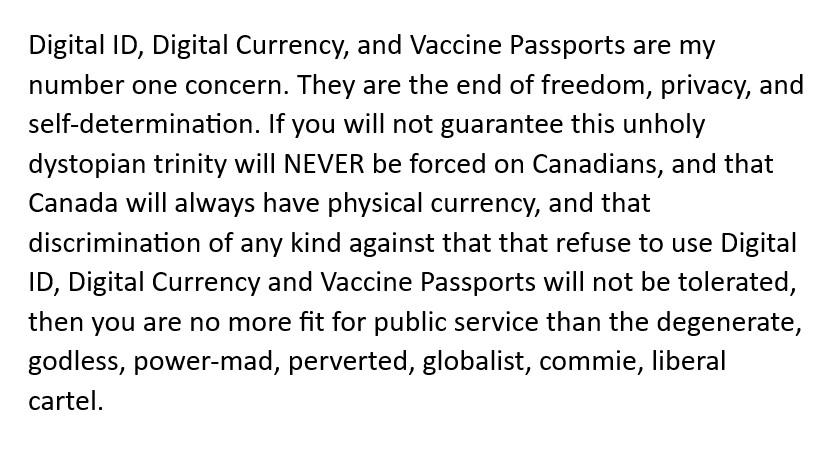 JJ_Jalbert's tweet image. Filled out the #CPC year end survey today.

I hope I made myself clear, @PierrePoilievre @AndrewScheer @LeslynLewis 

#DigitalID #DigitalCurrency #VaccinePassports #Communism #WEF #UN #WHO #Agenda2030 #NetZero #Canada #USA