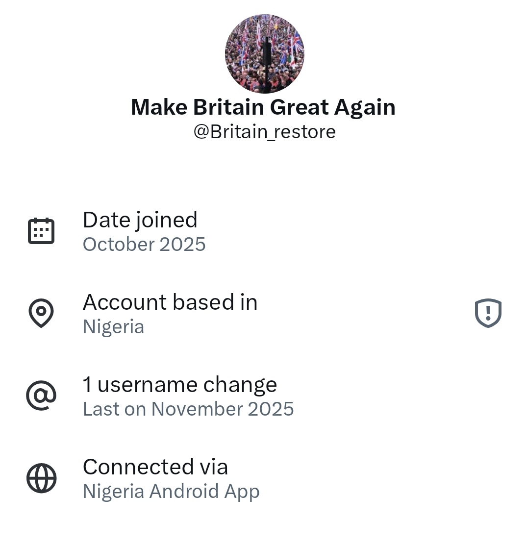 docrussjackson's tweet image. More Nigerians who seemingly adore Nigel Farage/Reform UK and Rupert Lowe/Restore Britain and pretend to be British - it&apos;s almost like @X is one giant #disinformation machine designed to make people think there&apos;s more support for these divisive extremists than there actually is.