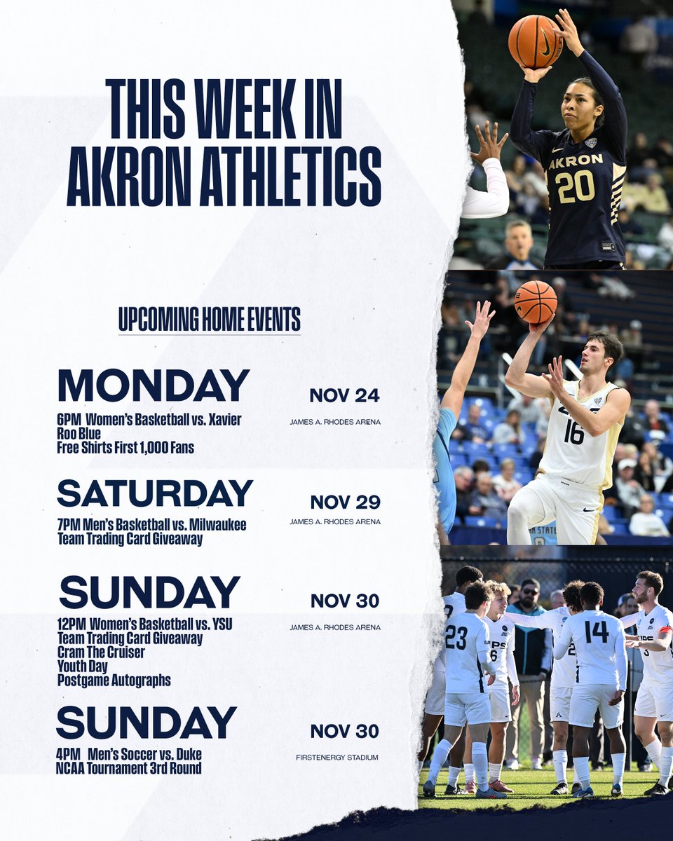 This Week in Akron Athletics! 🦘

Nov. 24th <a href="/ZipsWBB/">Akron Zips Women’s Basketball</a> 🏀
Nov. 29th <a href="/ZipsMBB/">Akron Zips MBB</a> 🏀
Nov. 30th <a href="/ZipsWBB/">Akron Zips Women’s Basketball</a> 🏀
Nov. 30th @ZipsMSOC ⚽️

🎟️: loom.ly/TADzUb4

#GoZips 🦘| #MakeTheClimb