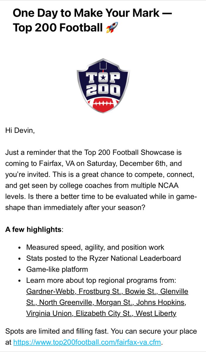 devin_urbina29's tweet photo. Excited to attend @Top200Football Showcase on Dec 6 in Fairfax,VA 
Thanks to Coach Walker, @GWUFootball, Coach JR Clark, and @NGUFootball1 for the invite.Ready to prove myself to all coaches in attendance.

@UrbanaHawksFB https://t.co/KE8NxjhCW9
