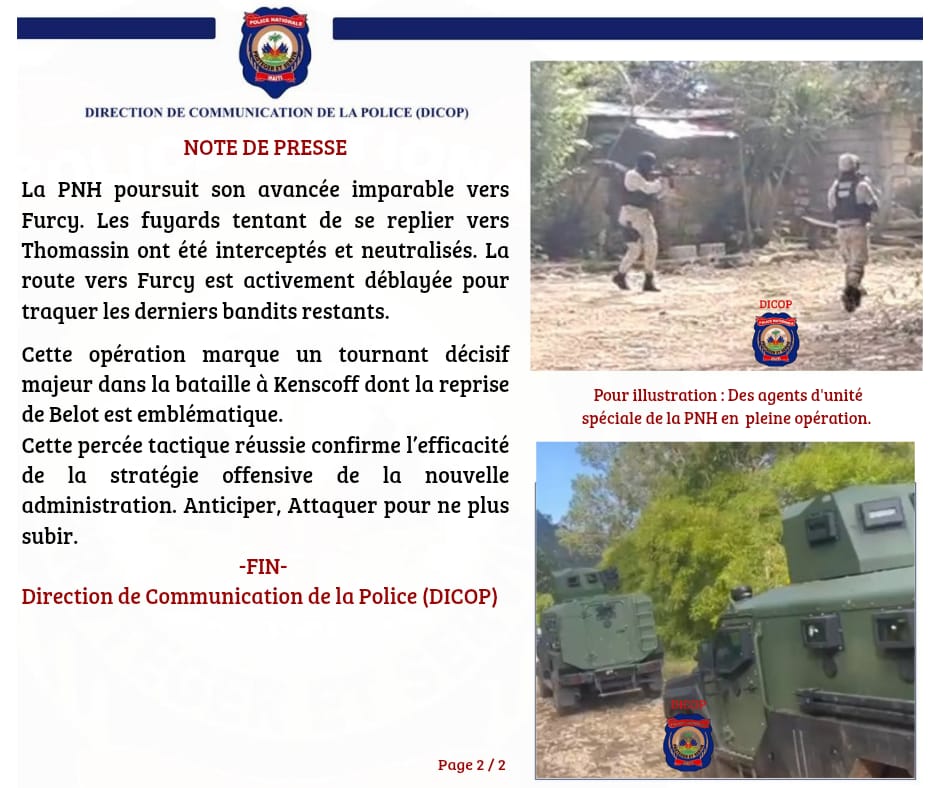 pnh_officiel's tweet image. Opération majeure à #Kenscoff : la #PNH, les #FAdH et la #FSG libèrent 2 otages et dégagent les axes routiers stratégiques. Les bandits neutralisés ou en fuite.
L&apos;offensive se poursuit
#Haïti #Sécurité