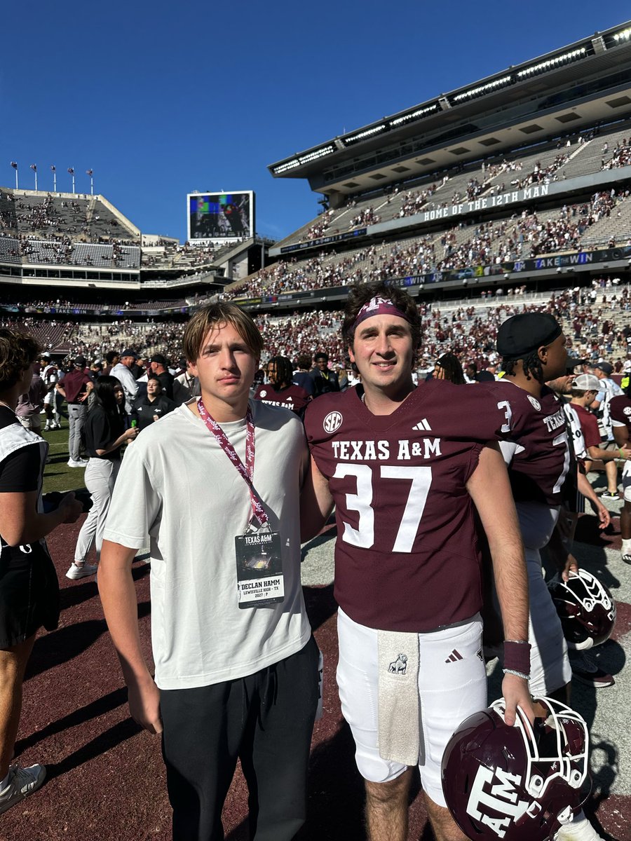 DeclanHamm's tweet photo. Amazing game day experience @AggieFootball 12th man was incredible! Thanks to @Coach_Dougherty @CoachKLars for having me out! @tylerwhite2023 @LHSFball @Coach_Olla @HKA_Tanalski @KickExposure @moorepete18 @shanee_mc @Briggs_bourg @KohlsHighlights https://t.co/CrdvK4P5Yk