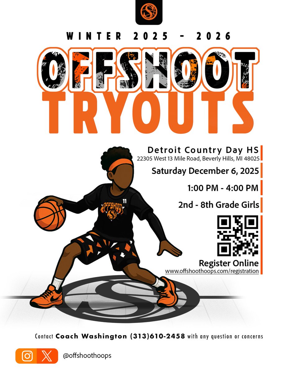 OffshootHoops's tweet photo. Tryouts Coming Up, Let’s Make It Count! 🏀

DCD Sat. Dec. 6th 1:00 PM - 4:00 PM in the Cooper Gym.

Click link in bio for registration link. https://t.co/e4QEFWplcH