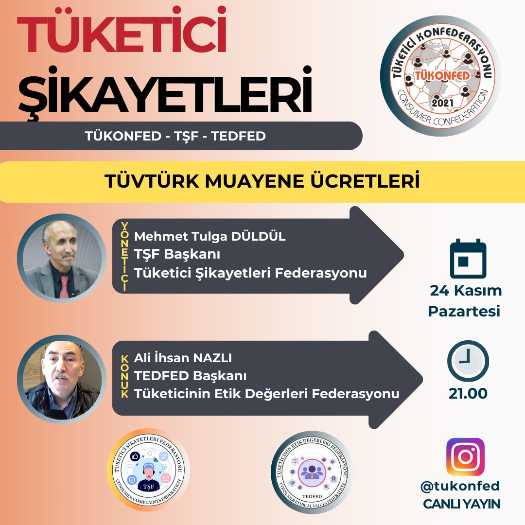 Tüketici Şikayetleri Programı başlıyor.. 
#TUVTURK muayene ücretlerinin ele alınacağı programın moderatörü <a href="/mehmettulga/">mehmet  tulga düldül</a> ve konuğu Ali İhsan Nazlı
<a href="/aydinagaoglu/">Aydın Ağaoğlu (DM KAPALI)</a> <a href="/avibrahimgullu/">Av. İbrahim Güllü</a> <a href="/Trustakil/">Üst Akıl Platformu</a> <a href="/sivilfederasyon/">Sivil Toplum Federasyonu</a> <a href="/erantapan/">Eran Tapan</a>