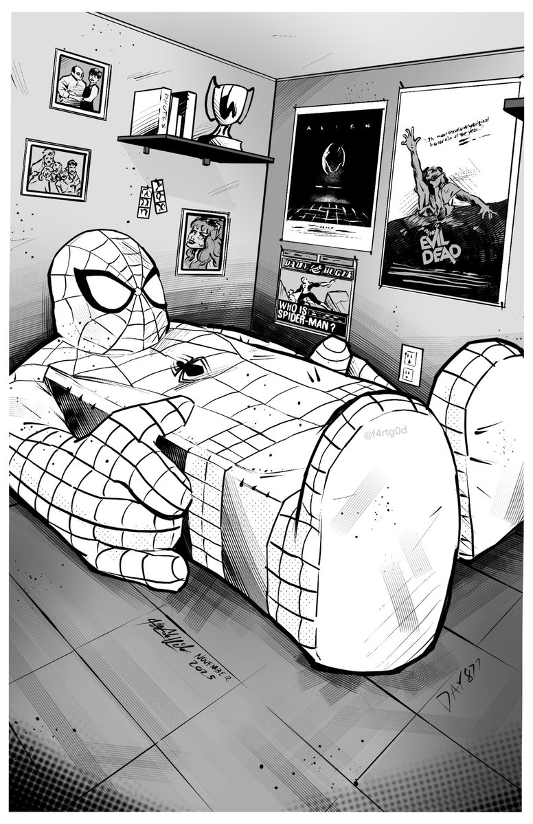 f4rtg0d's tweet image. Drawing one Spider-Person or Symbiote everyday until Beyond the Spider-Verse comes out    

Day 877: Spider-Bed (Earth 1218)