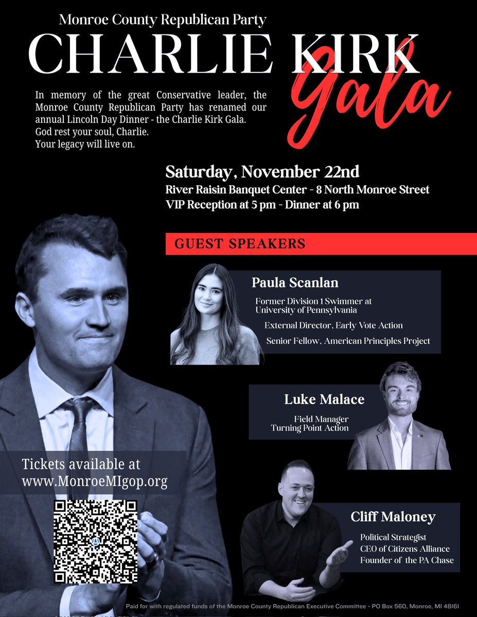 MonroeMIGOP's tweet photo. We appreciate everyone who attended the Charlie Kirk Gala. The evening was a touching tribute to Charlie's legacy and a celebration of our momentum heading into 2026 🇺🇸 @tpaction @TPUSA @CitizensAll @EarlyVoteAction @ThePAChase @HolliVallade @Maloney @MIGOP #wearecharlie https://t.co/qKnzzMJm7A