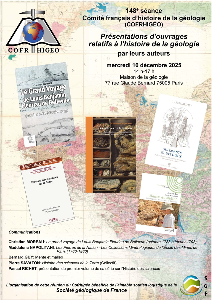 La prochaine réunion du Comité français d'histoire de la géologie se déroulera   
▶️le mercredi 10 décembre prochain, 
▶️dans les locaux de la Société géologique de France (Paris 5e). <a href="/SGEOLFRANCE/">SGF</a>