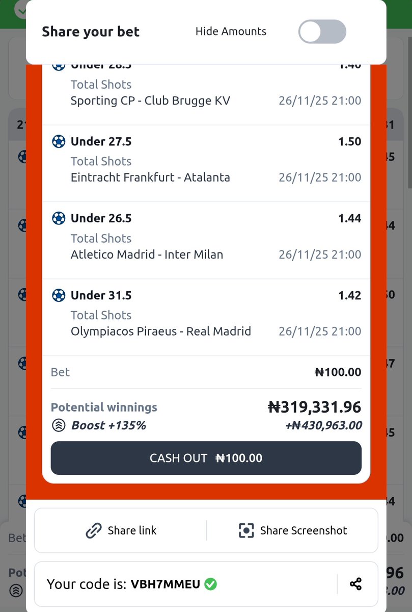 Under / Over Total shot⚽️

QUQEUGAG

VBH7MMEU

Miracle no dey tired jesus ✅️🤲🏻💥