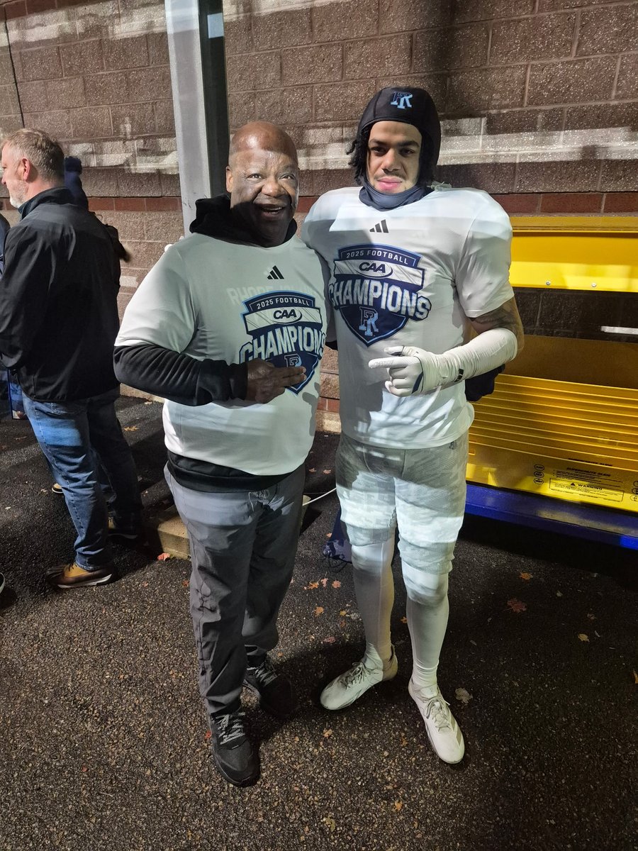 StJohnsPrepFB's tweet photo. Our guy @marqueseavery_ and his father Marvin celebrating @RhodyFootball winning the CAA championship!! #Prepguys doing #Prepguy things. 💪🏼 💪🏼 https://t.co/VuxFdoxkFx