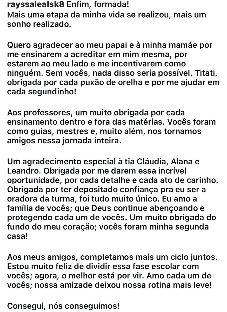 supportrayssa's tweet image. Texto cheio de amor e gratidão feito pela Rayssa após formatura do Ensino Médio!